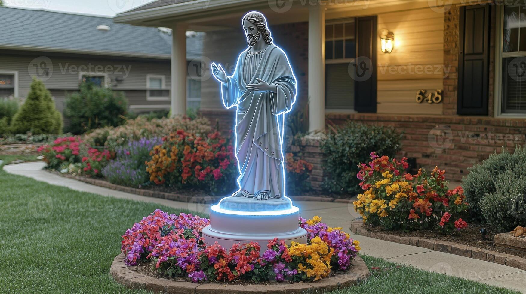 A statue of jesus is in the front yard photo