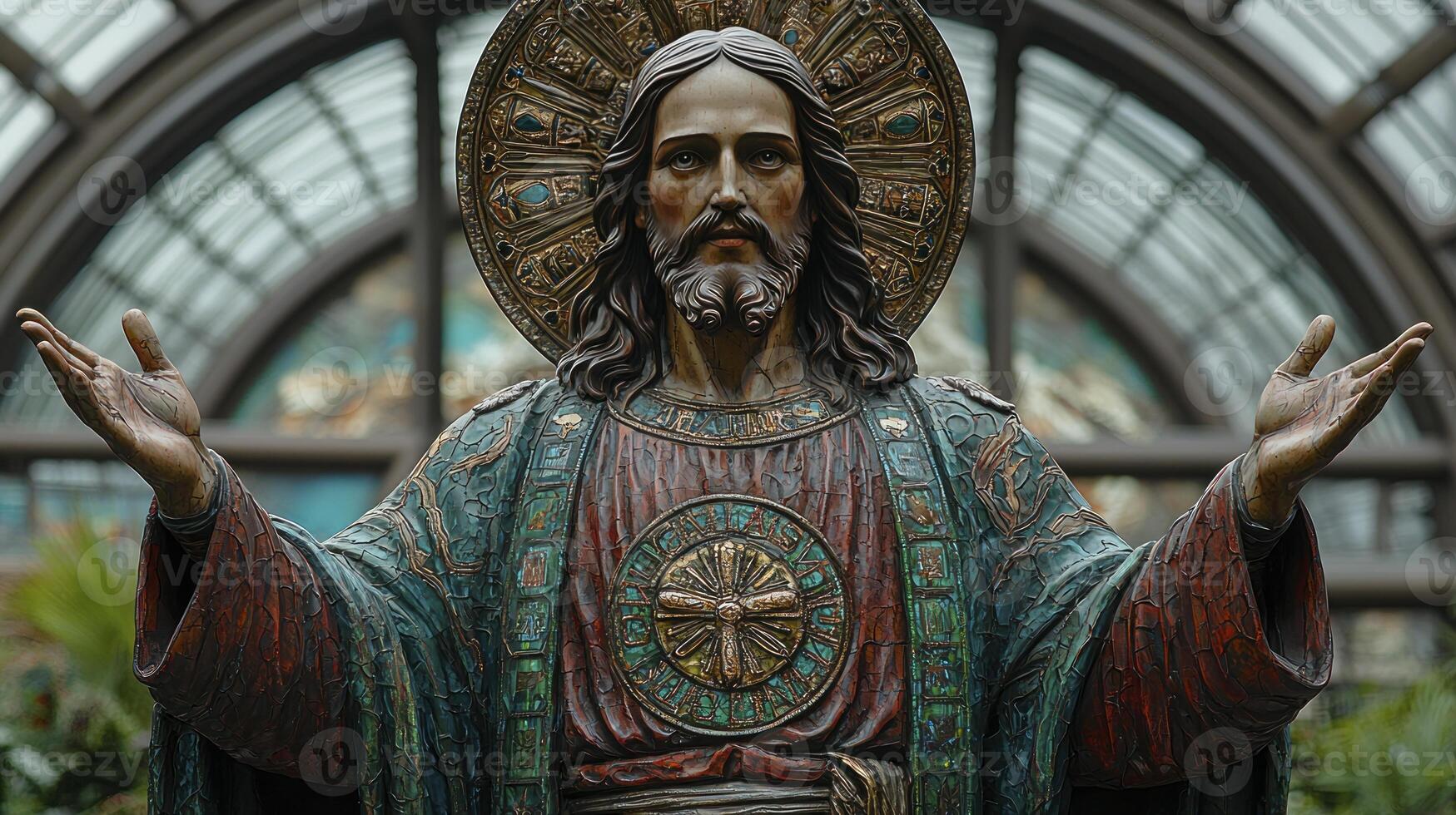 A statue of jesus is in front of a large window photo