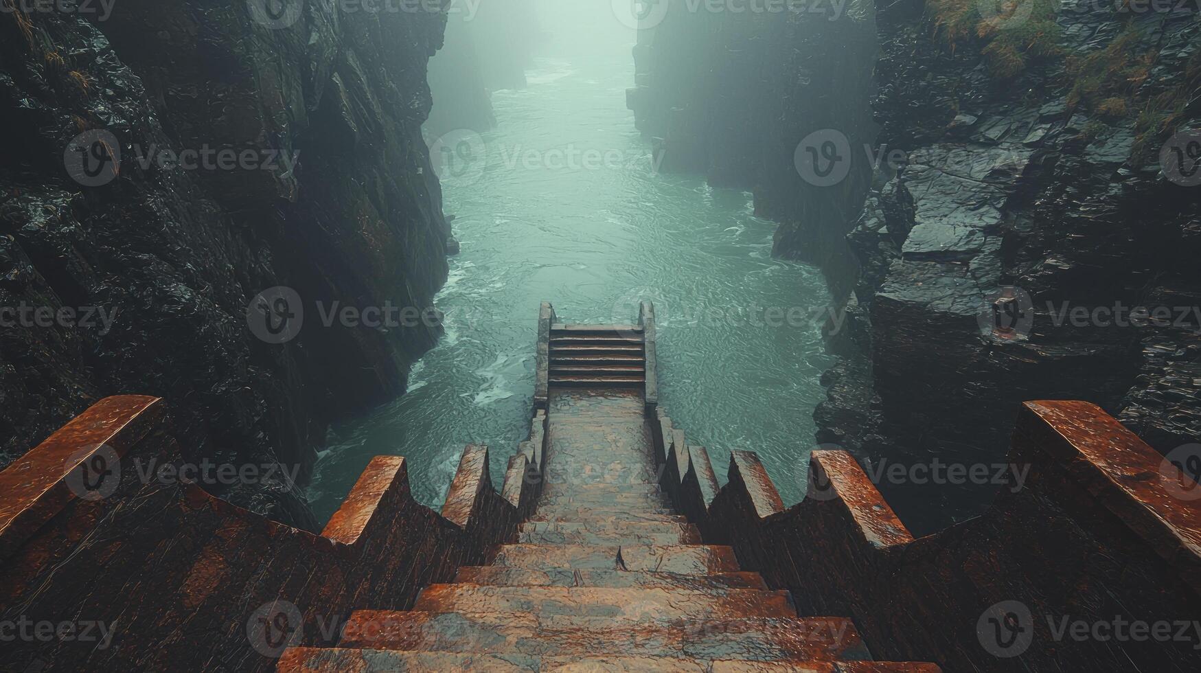 A staircase leading to a river in the middle of a canyon photo
