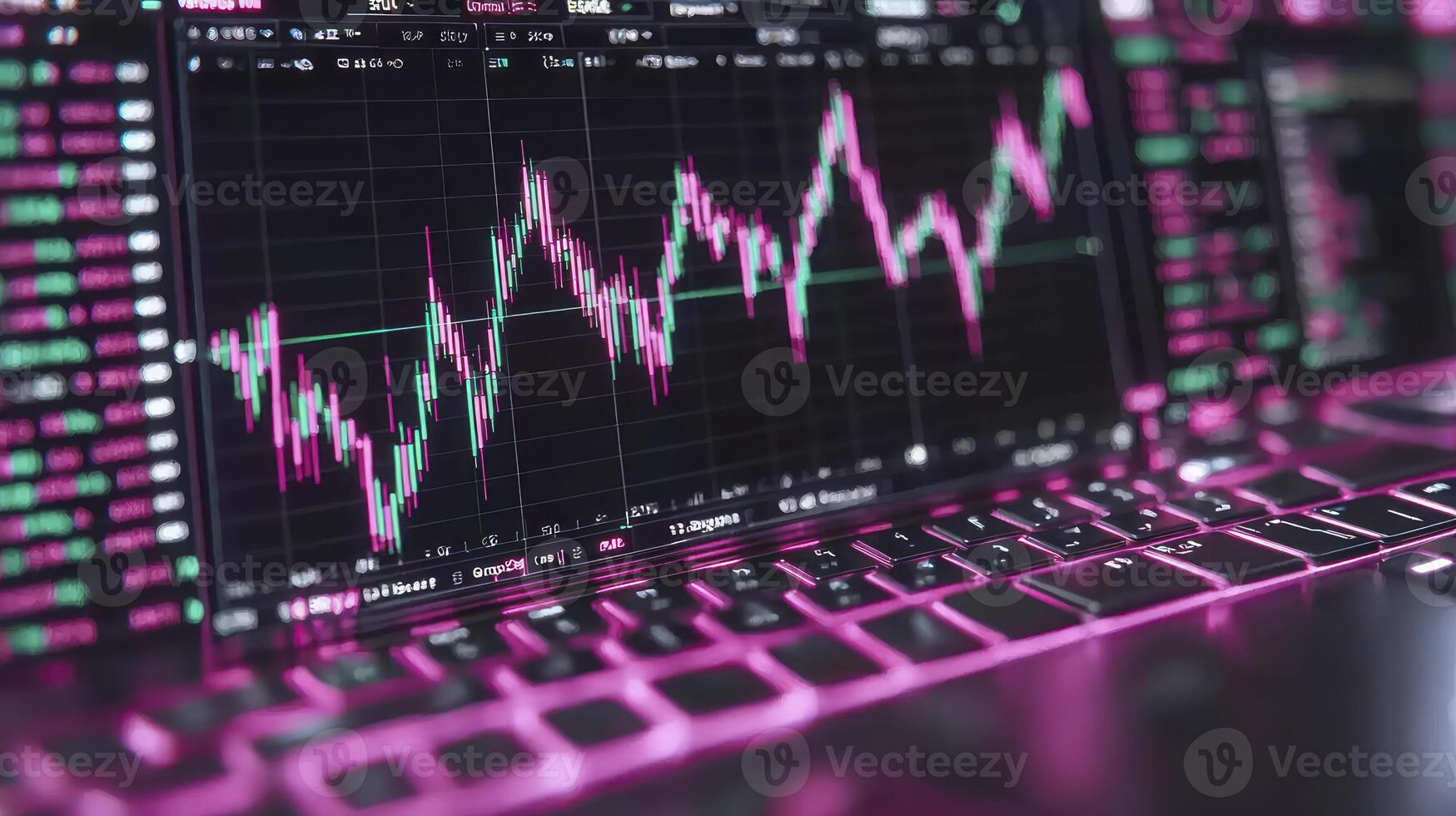 A laptop computer with a pink background and a stock chart photo