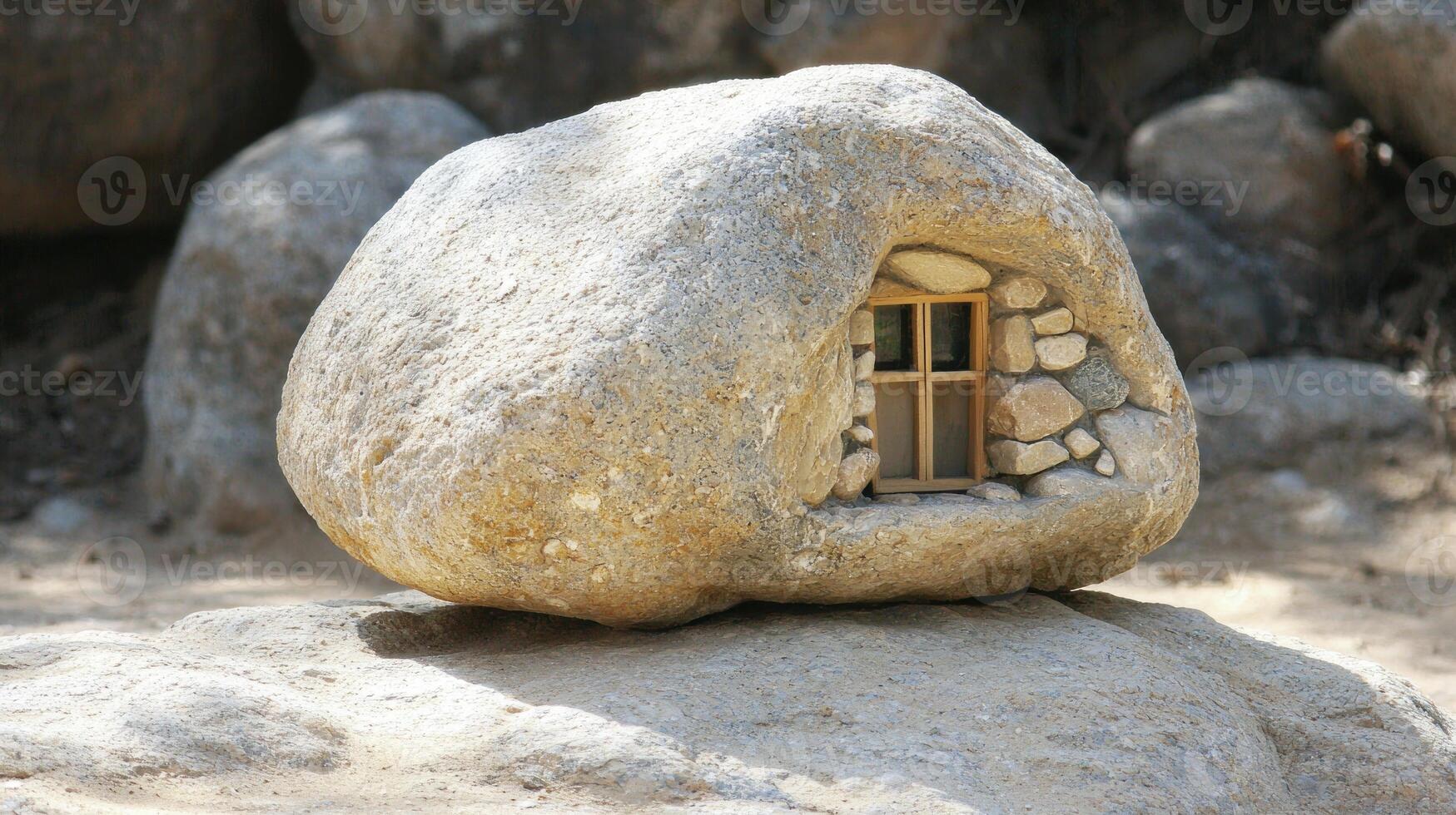 A small house made out of a rock photo