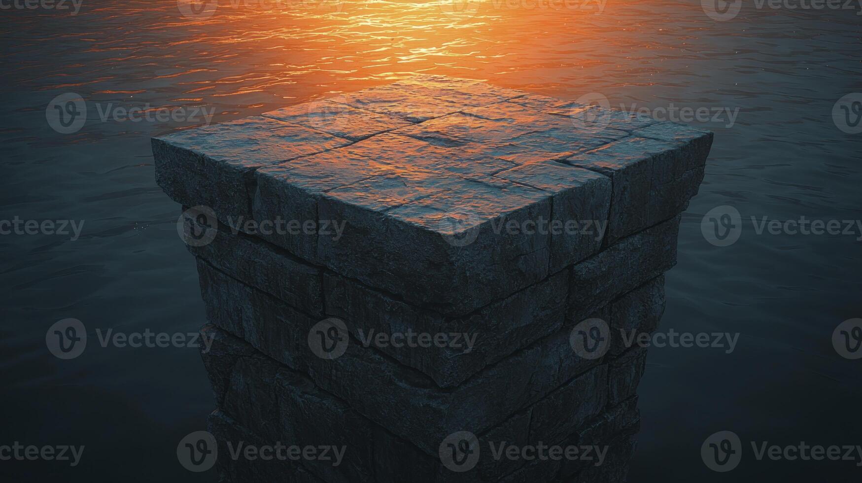 A stone pillar in the middle of the ocean with the sun setting photo