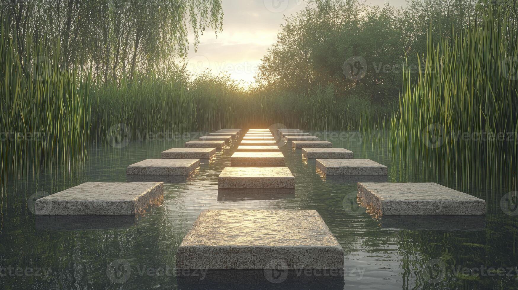 A path leading to a lake with grass and trees photo