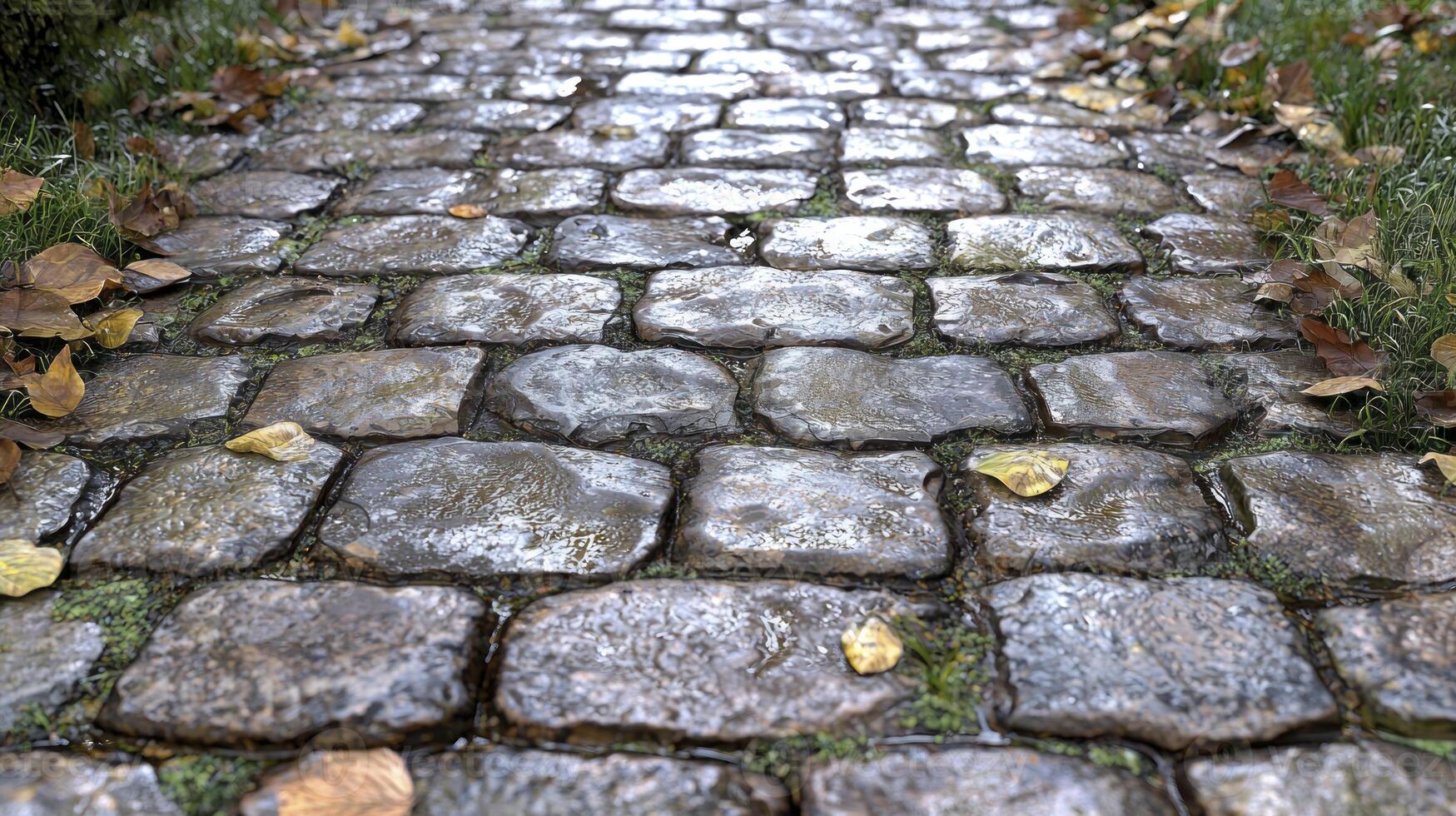 A cobblestone path with leaves on it photo