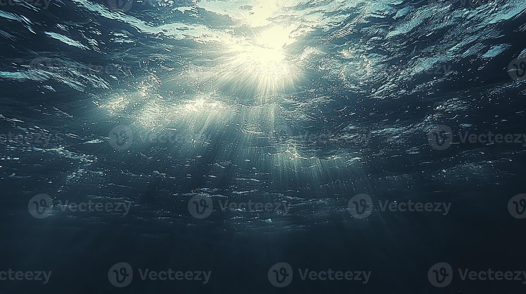 The sun shines through the water in this underwater photo