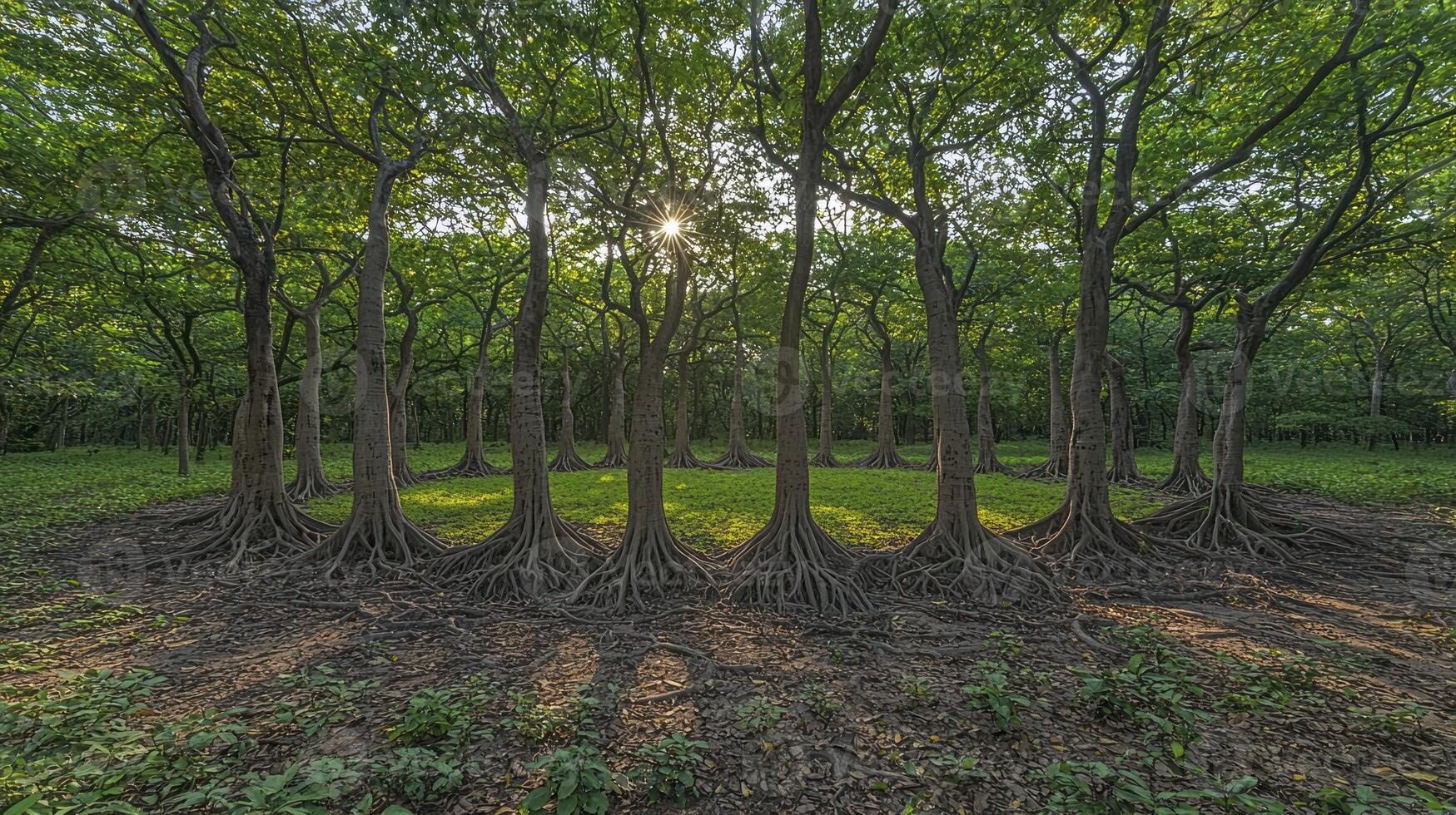 A group of trees with roots growing out of them photo