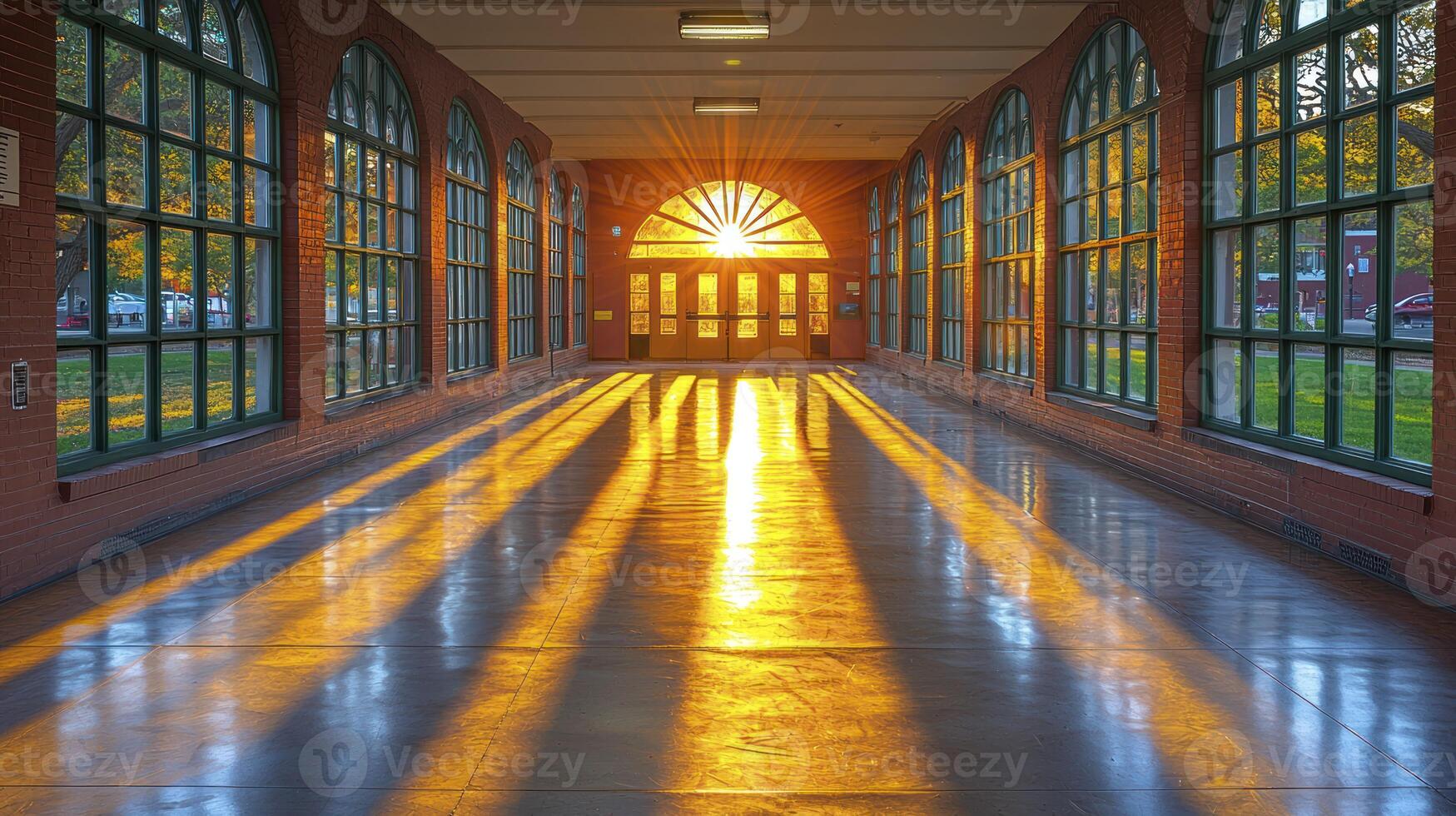 A hallway with sunlight shining through the windows photo