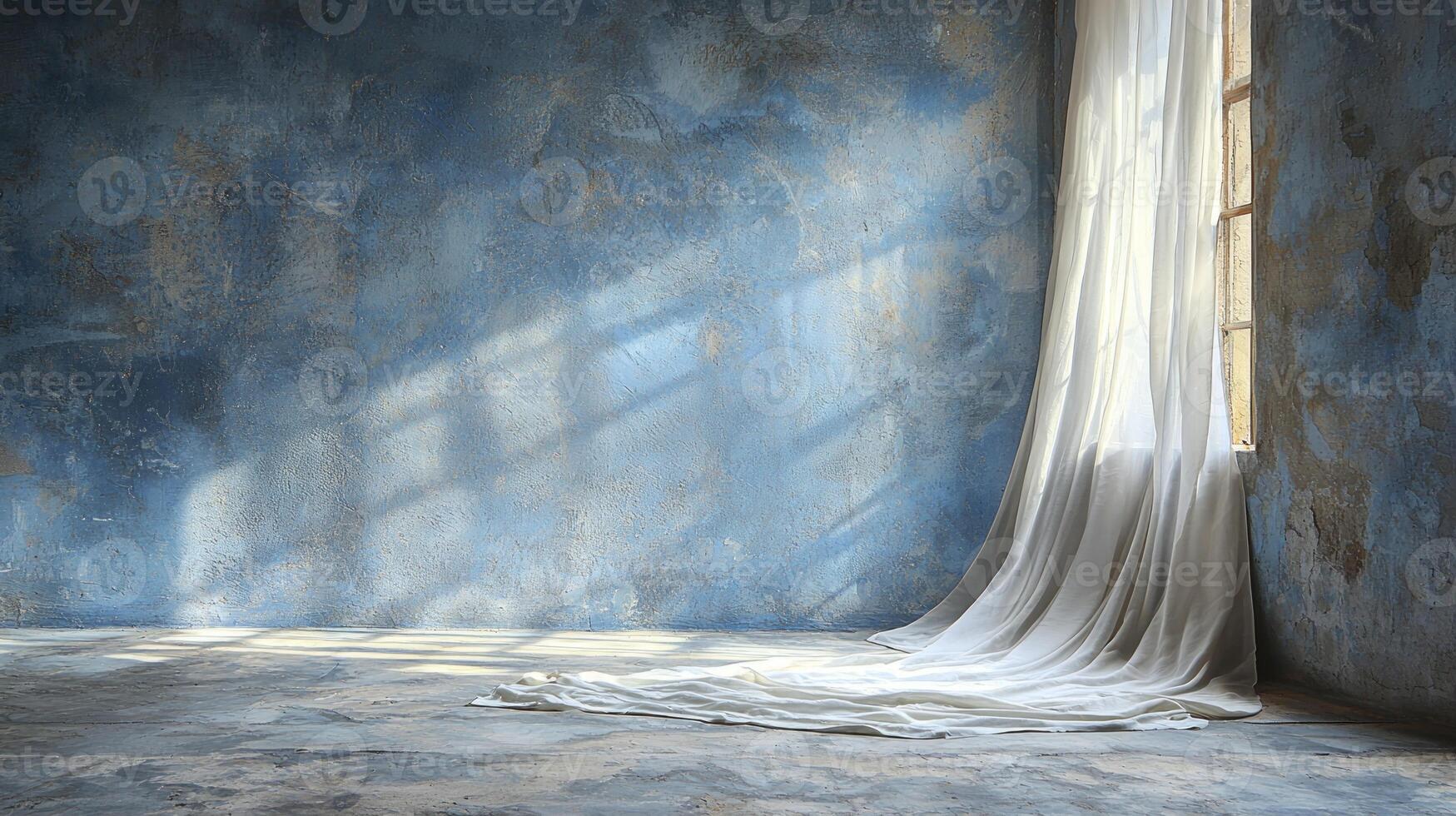 A room with a window and a curtain photo