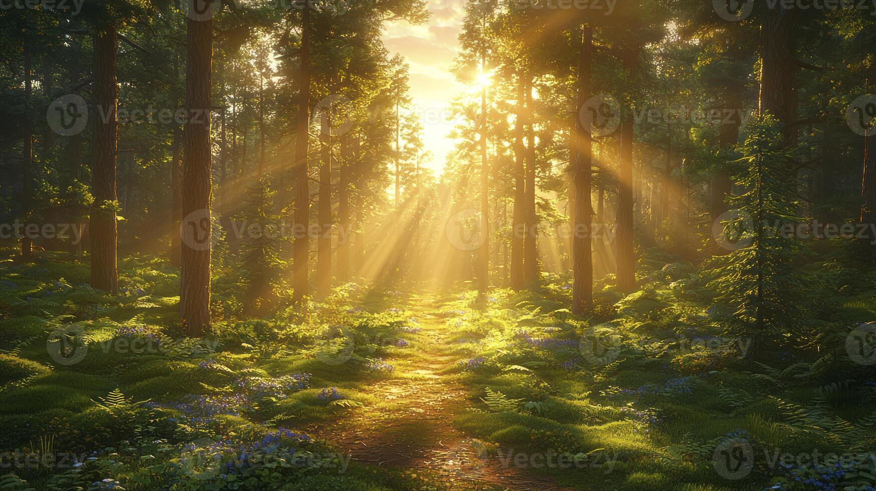 A path through a forest with sunbeams shining down photo