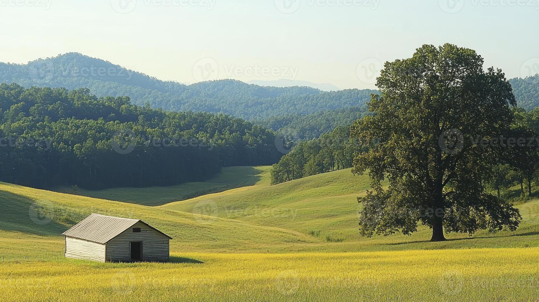 A small cabin in a field with trees and hills photo