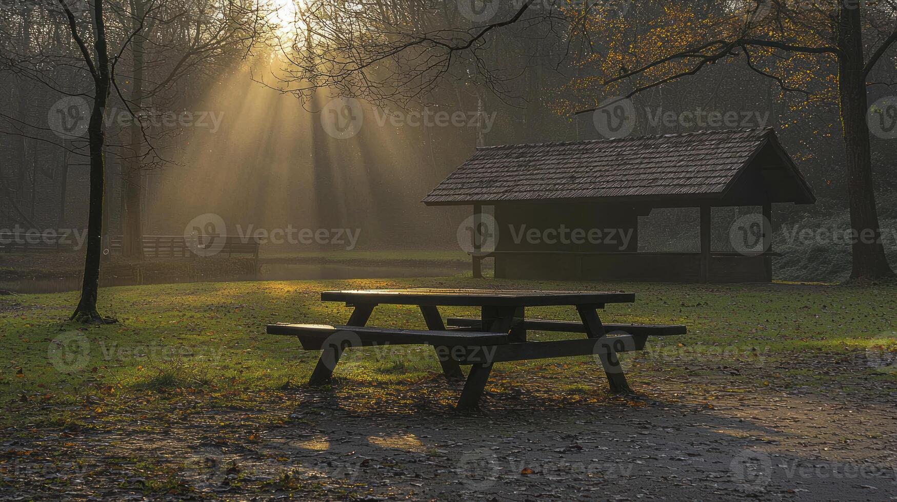 A picnic table in a park with sun rays shining through the trees photo