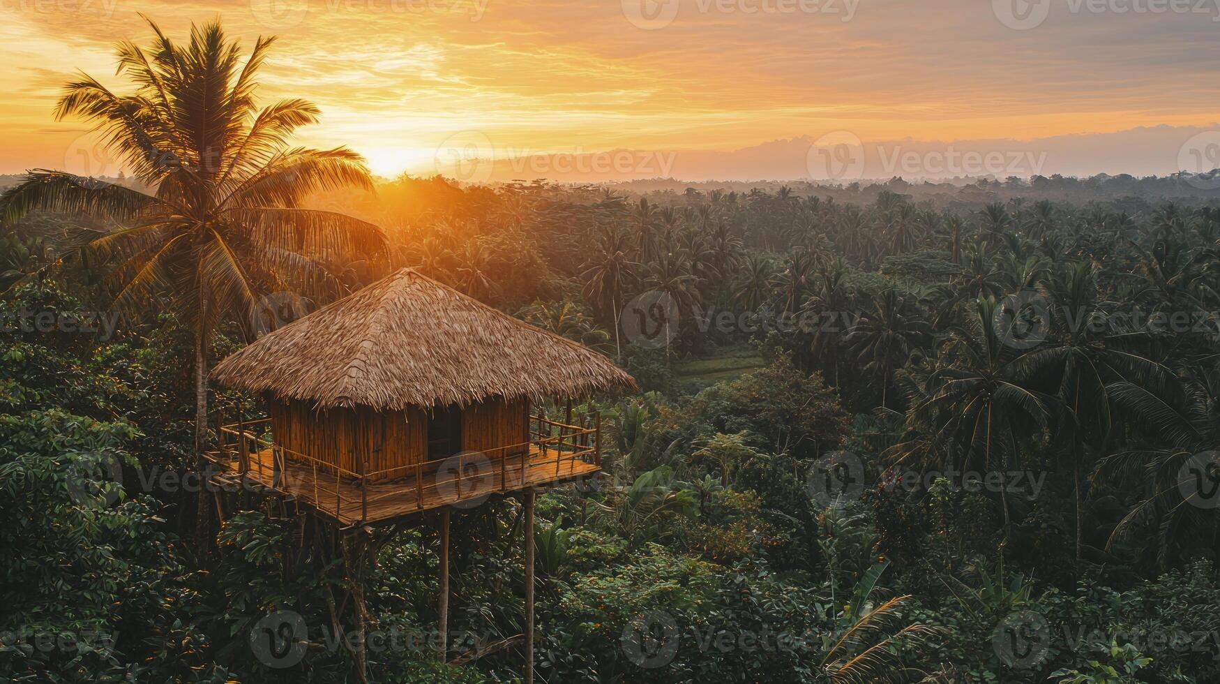 A tropical house in the jungle at sunset photo