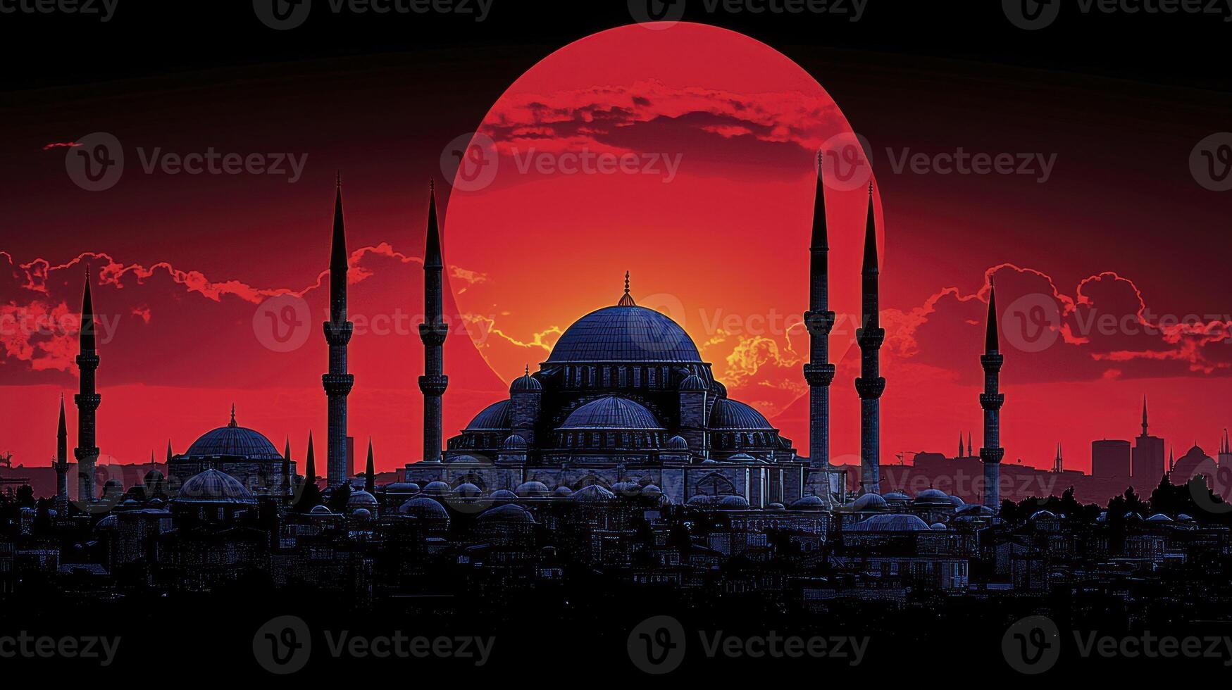 A red sky with a mosque in the background photo