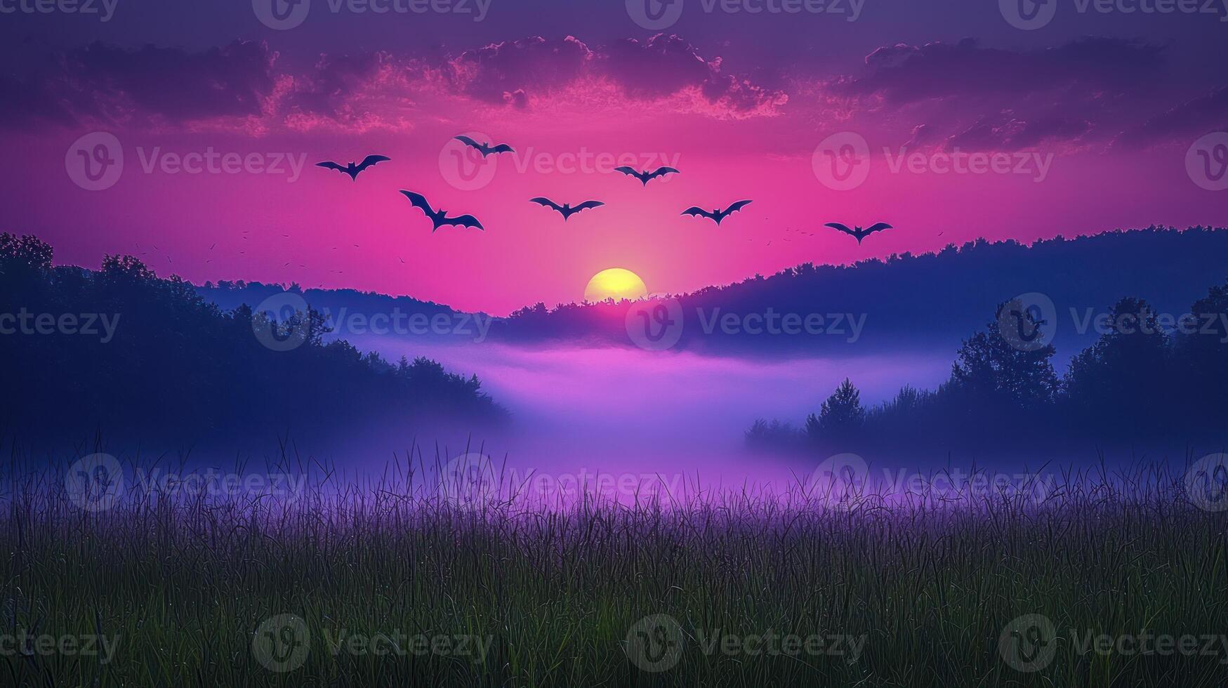Birds flying over a foggy field at sunset photo