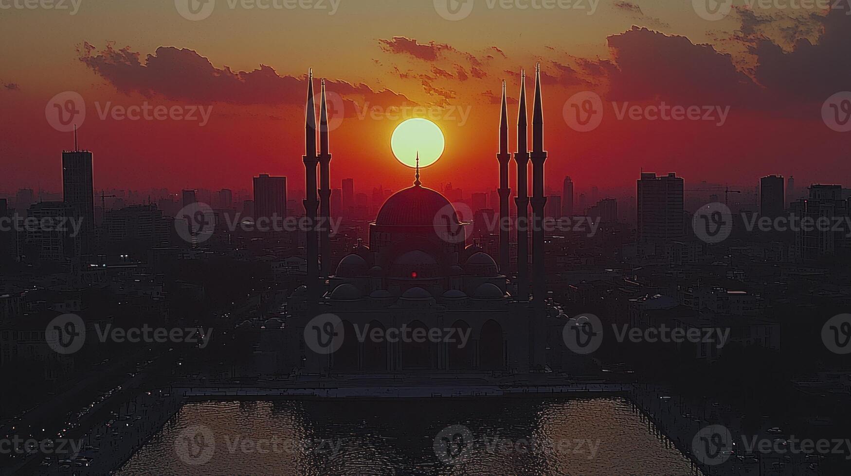 Sunset over a mosque in the middle of a city photo