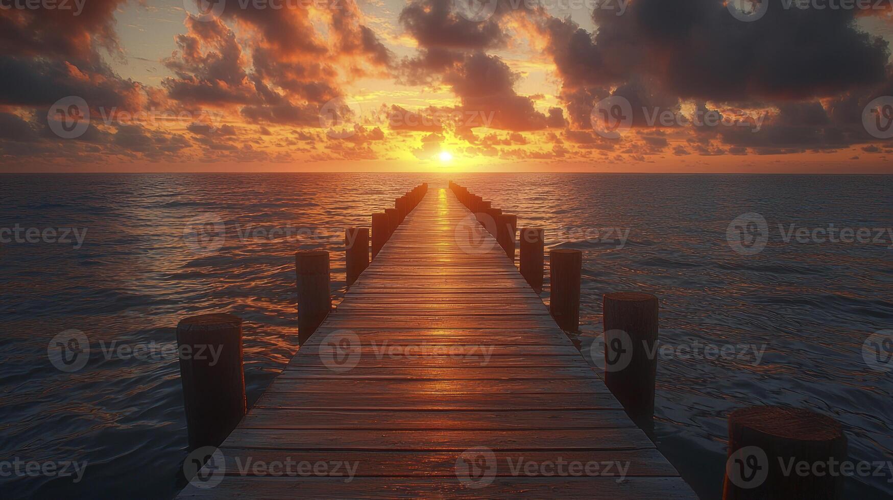 A long wooden pier leads to the ocean at sunset photo