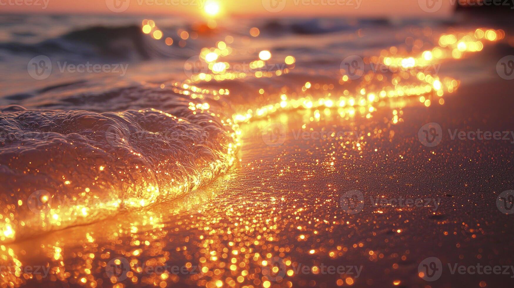 Sunset on the beach with waves and sparkling water photo