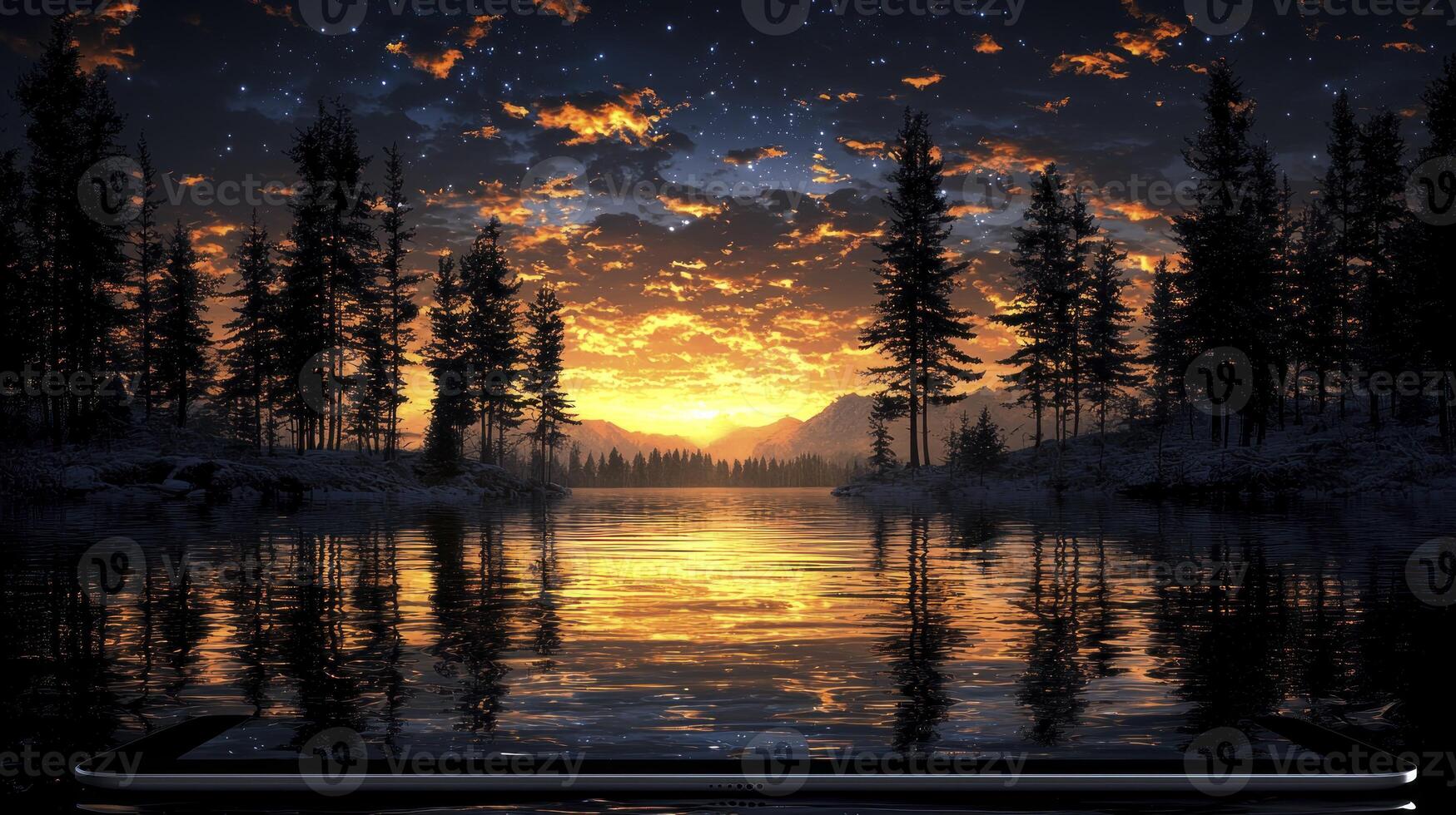 A smartphone with a lake and trees in the background photo