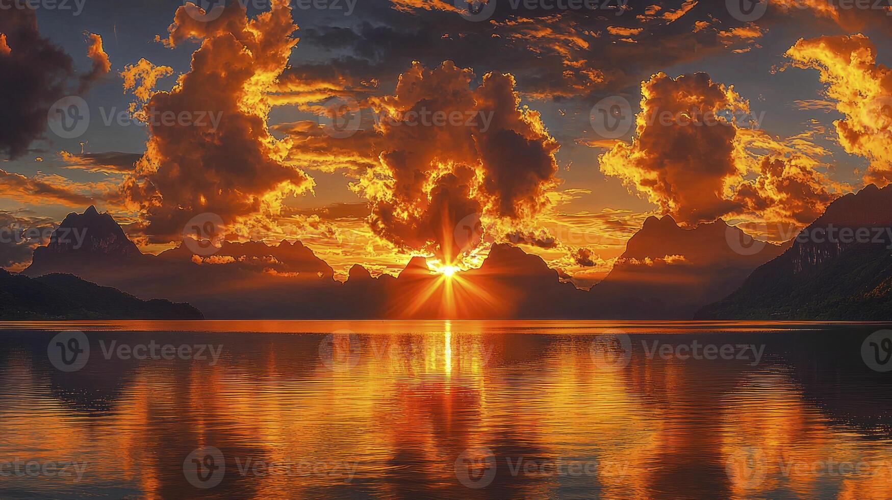 The sun rises over a lake and mountains photo