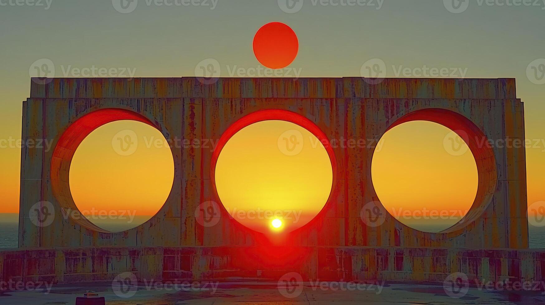 The sun is setting over a large circular structure photo