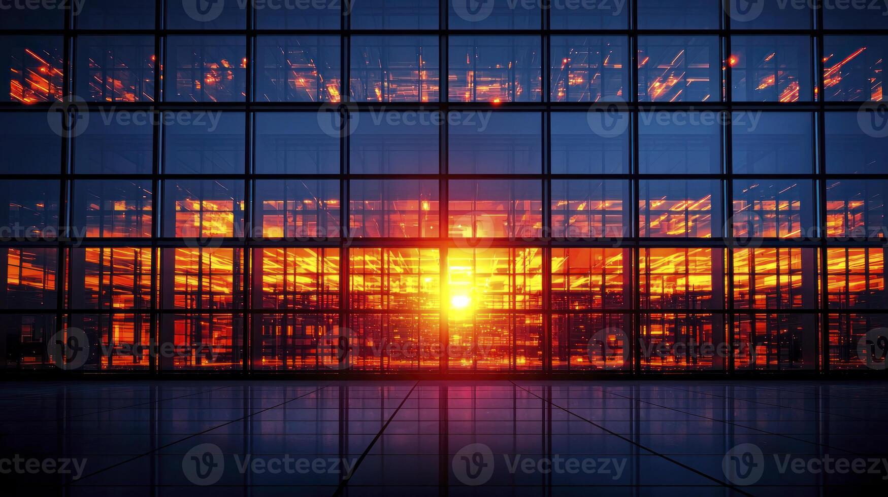 A large building with glass windows and a sunset photo