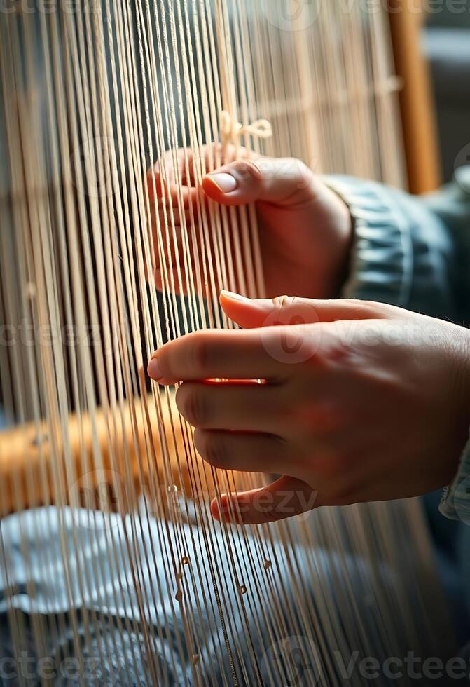 woman is working on a weaving machine photo