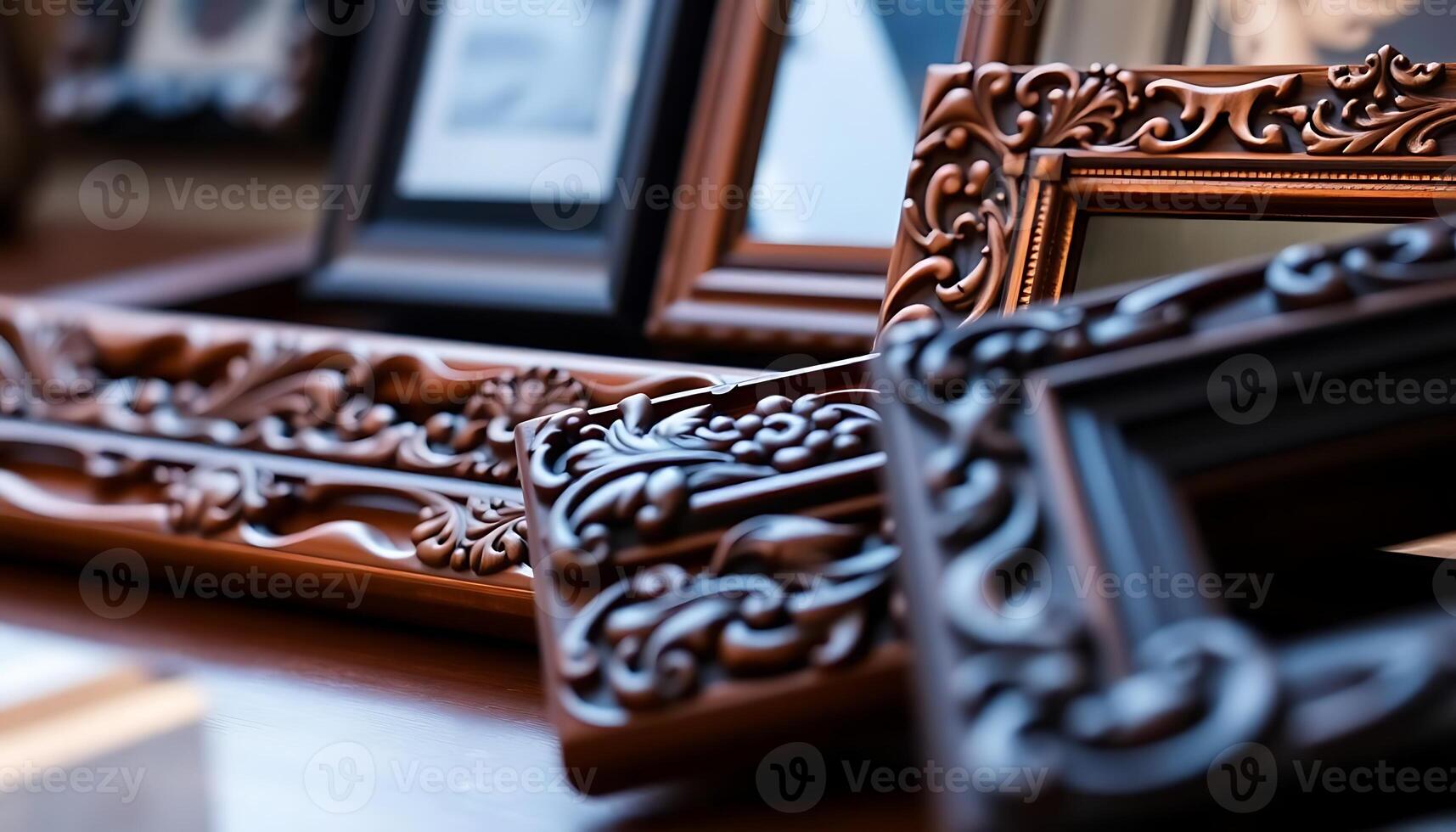 group of wooden frames sitting on top of a table photo