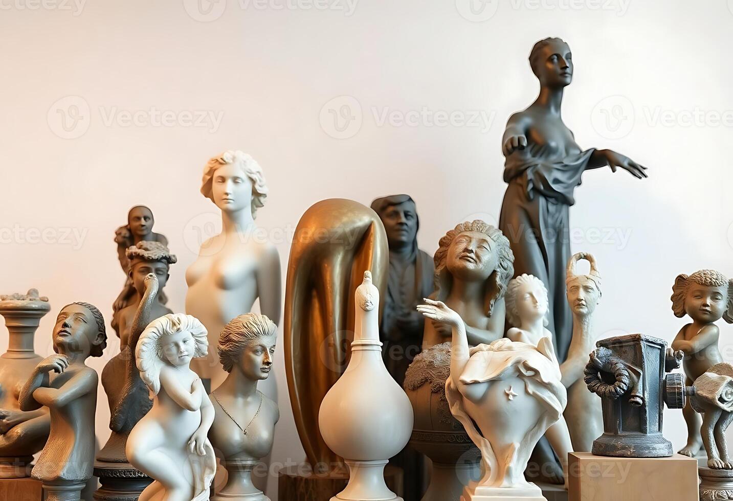 group of statues sitting on top of a table photo