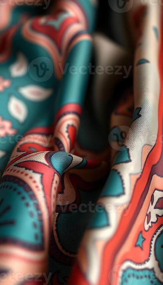 close up of a blue, red, and orange paisley print fabric photo