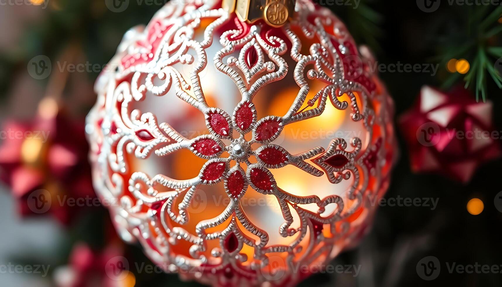 red and white ornament hanging from a christmas tree photo