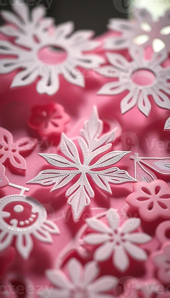 close up of a pink and white snowflake photo