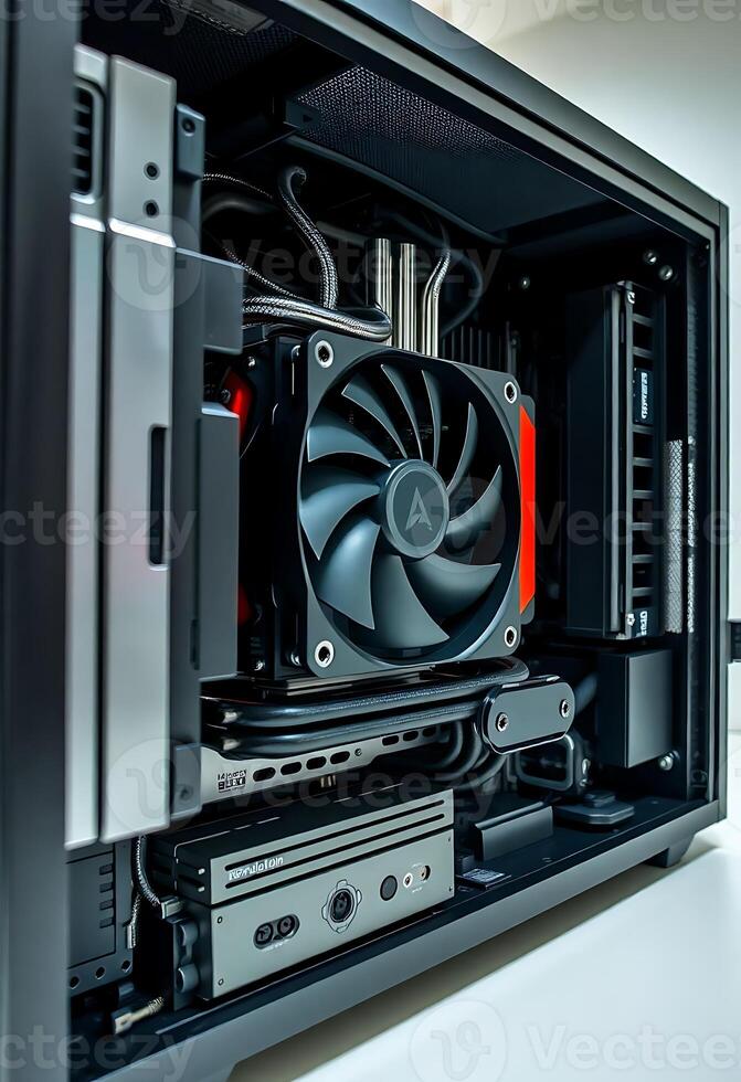 close up of a computer case with a fan photo