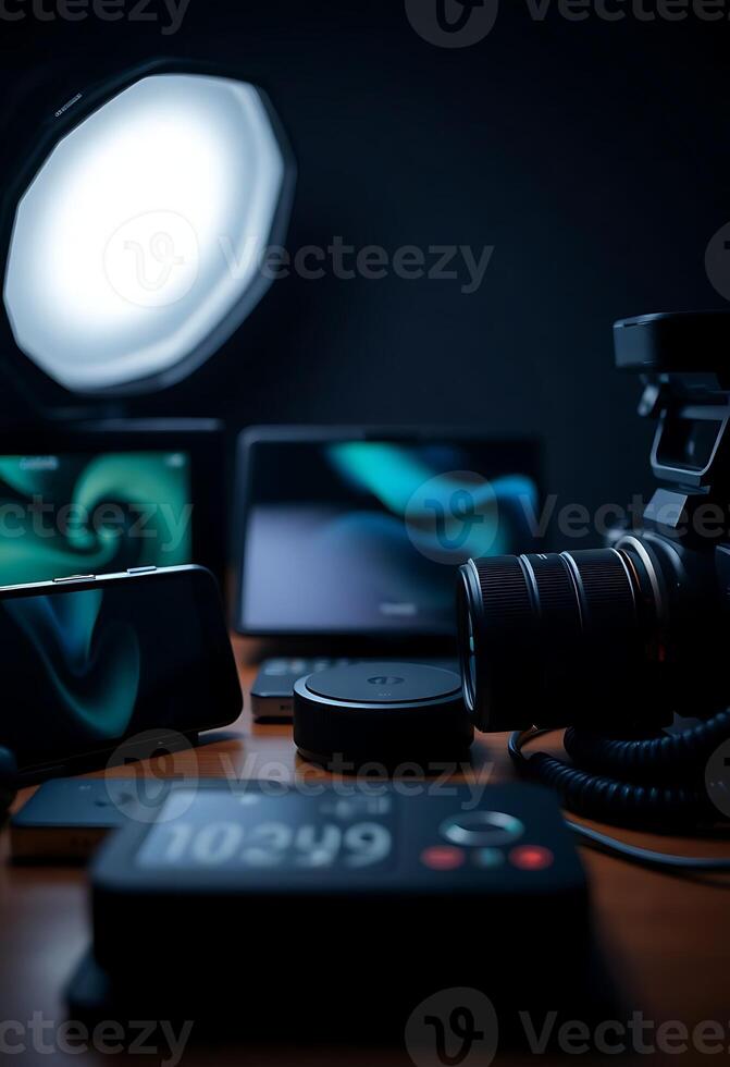 wooden table topped with electronics and a camera photo