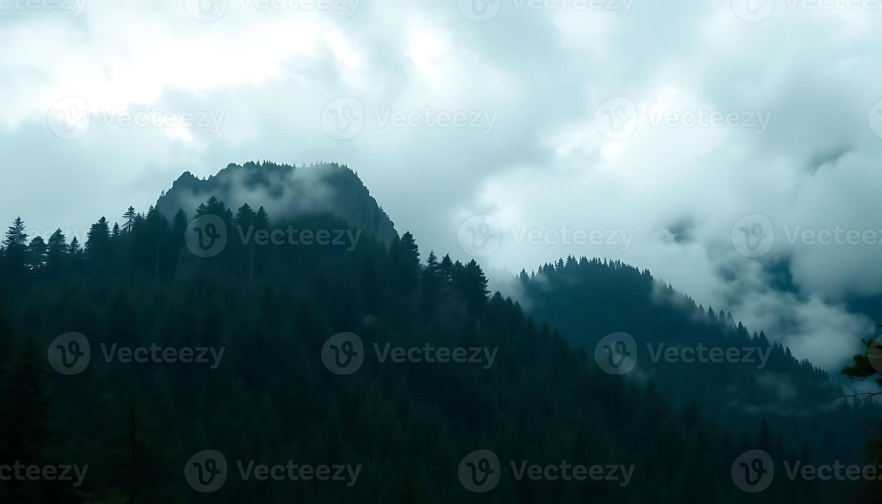 mountain covered in clouds and trees on a cloudy day photo