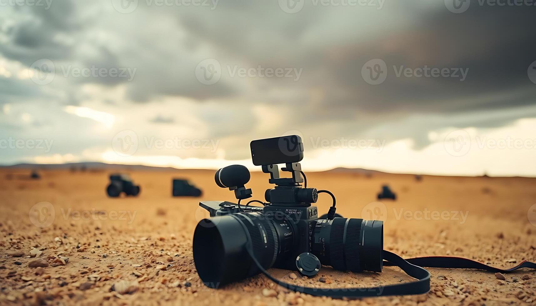camera sitting in the middle of a desert photo