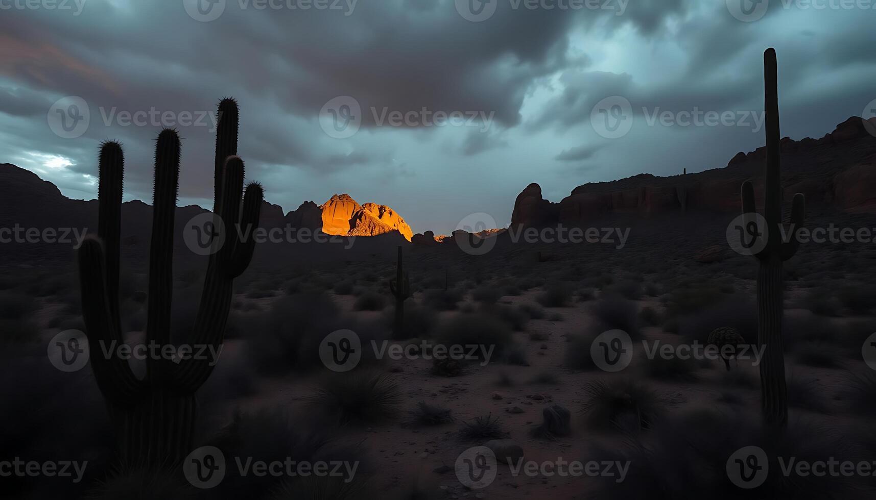 desert scene with a mountain in the background photo