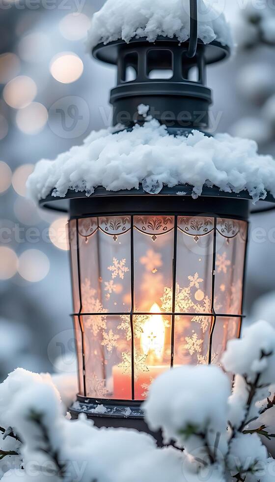 lantern with a lit candle in it in the snow photo