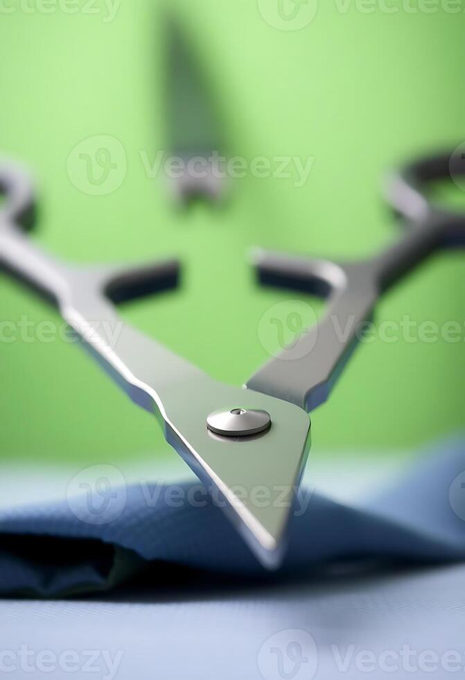 pair of scissors sitting on top of a blue cloth photo
