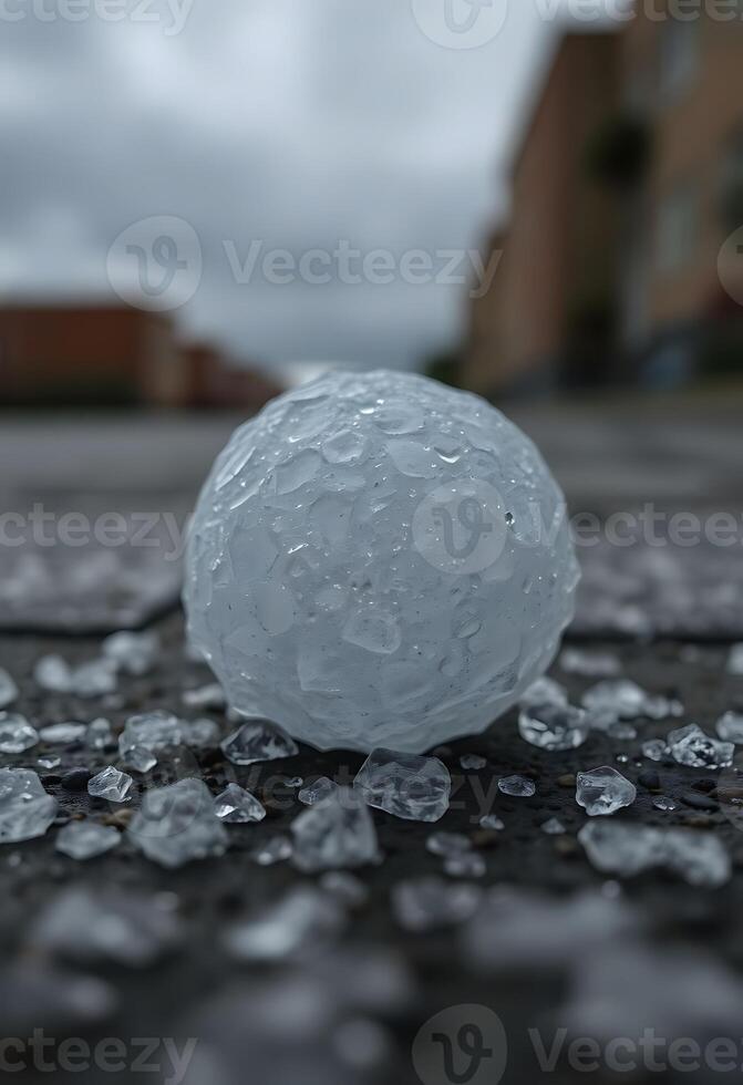 white ball sitting on top of a street next to a building photo