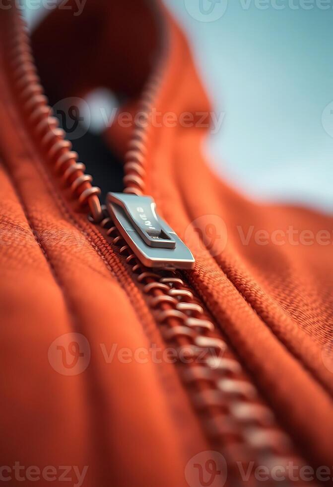 close up of a zipper on an orange jacket photo