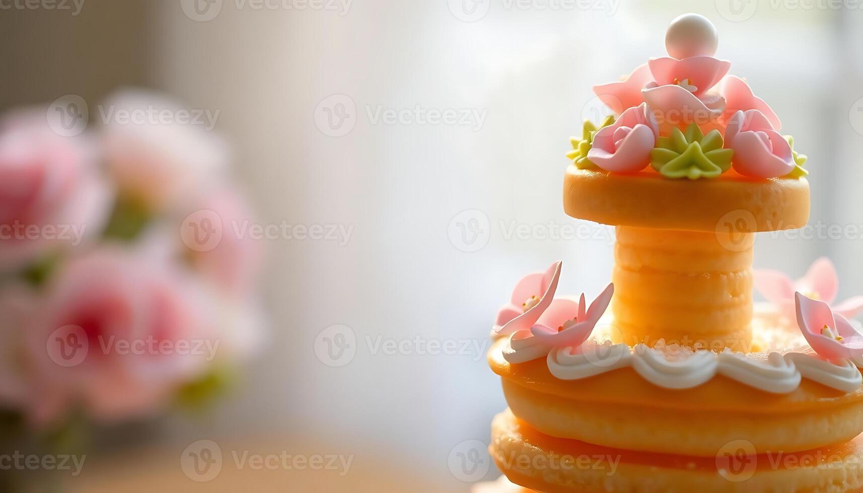 close up of a cake with flowers in the background photo