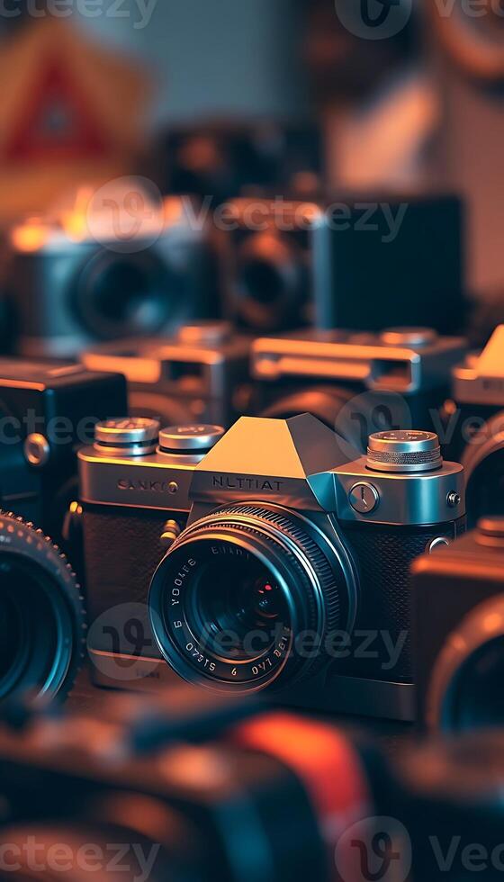 group of cameras sitting next to each other photo