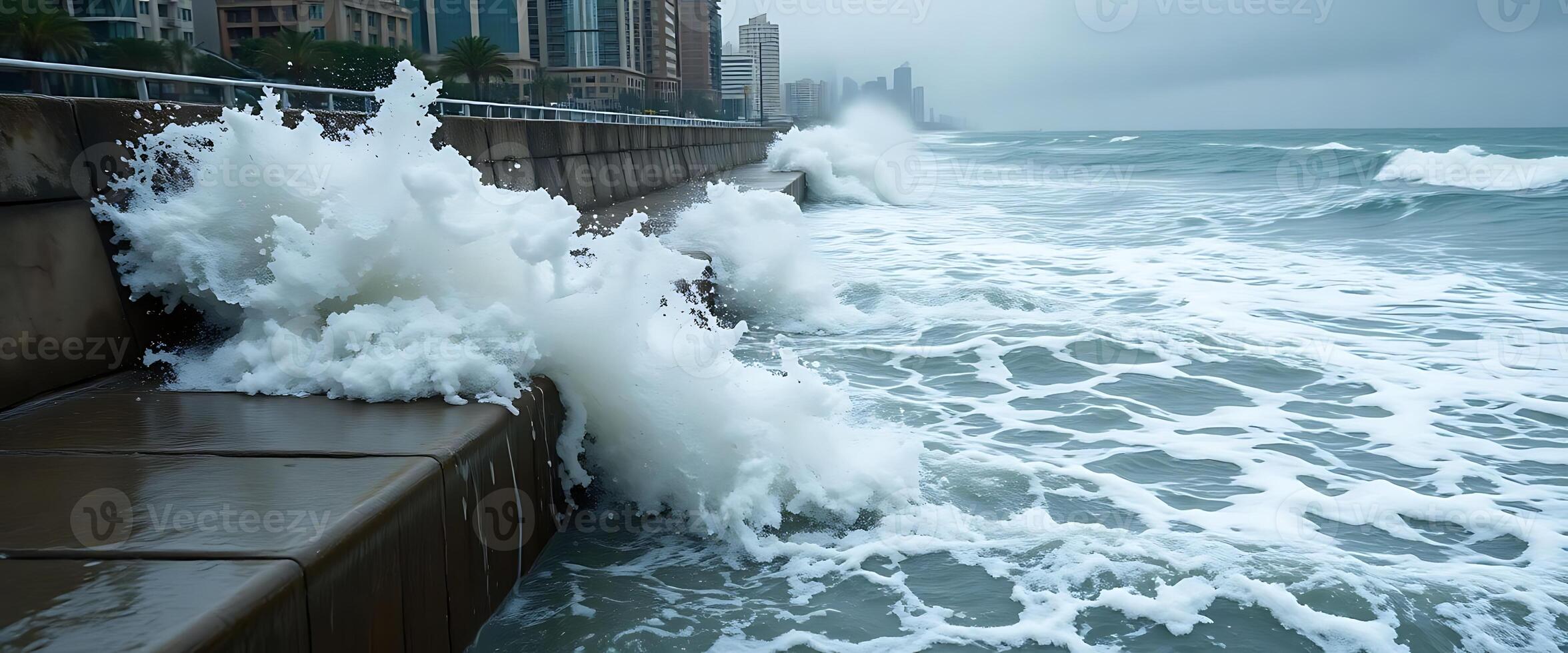 wave crashes against a concrete wall near the ocean photo
