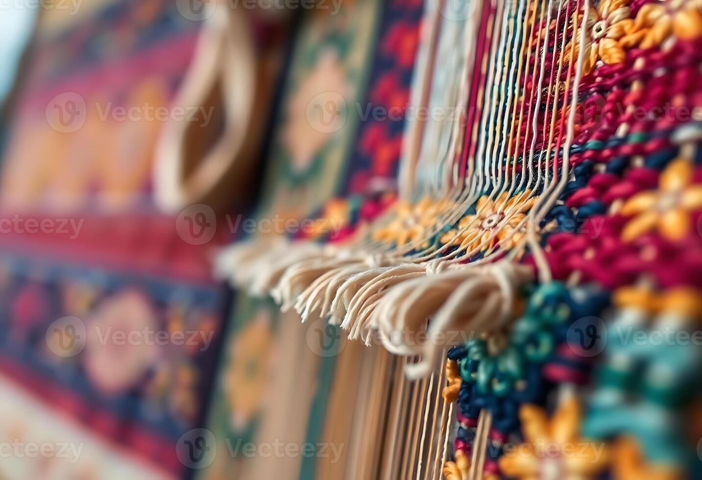 close up of a colorful rug with fringes photo