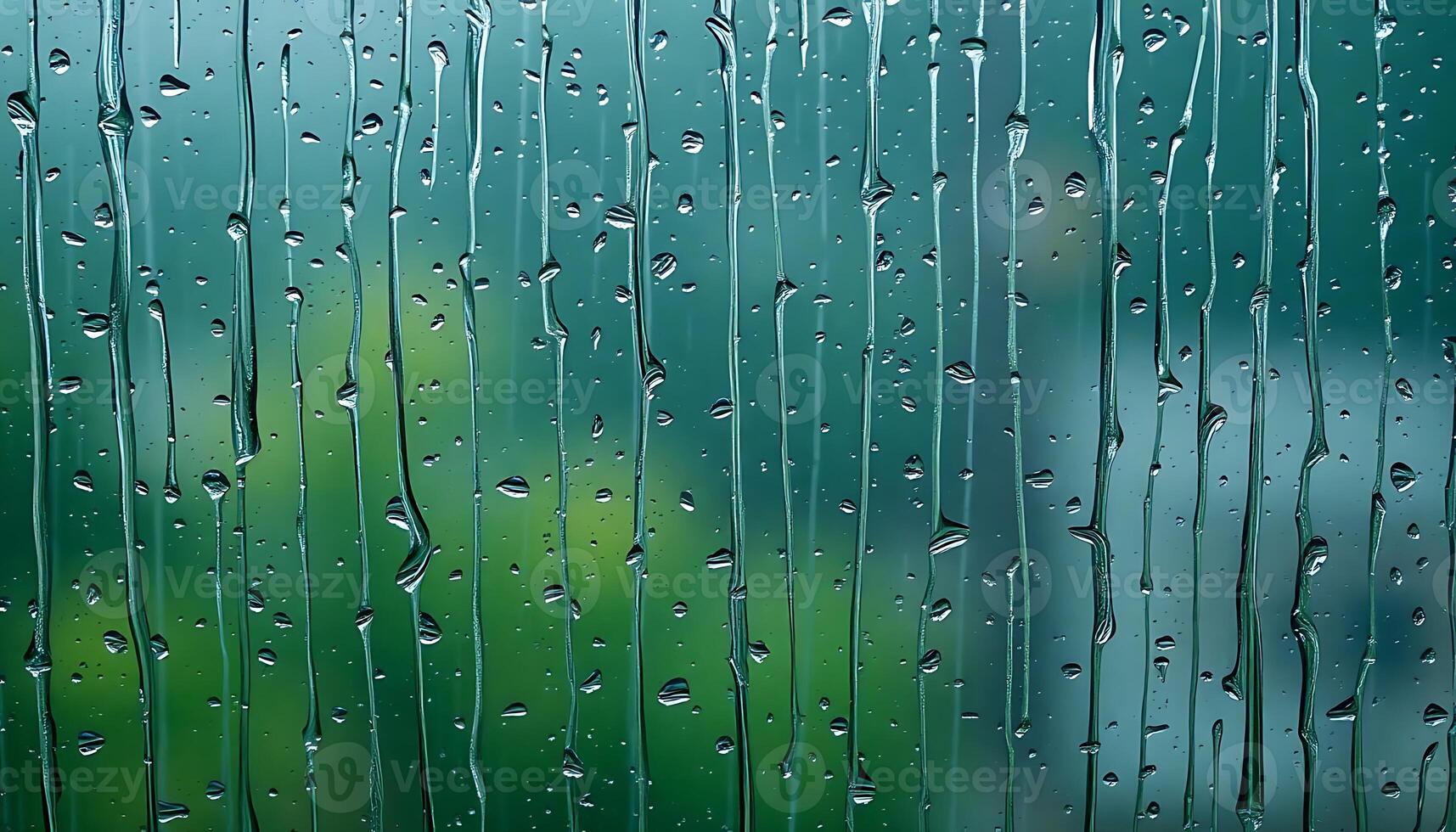 rain drops on a window with green grass in the background photo