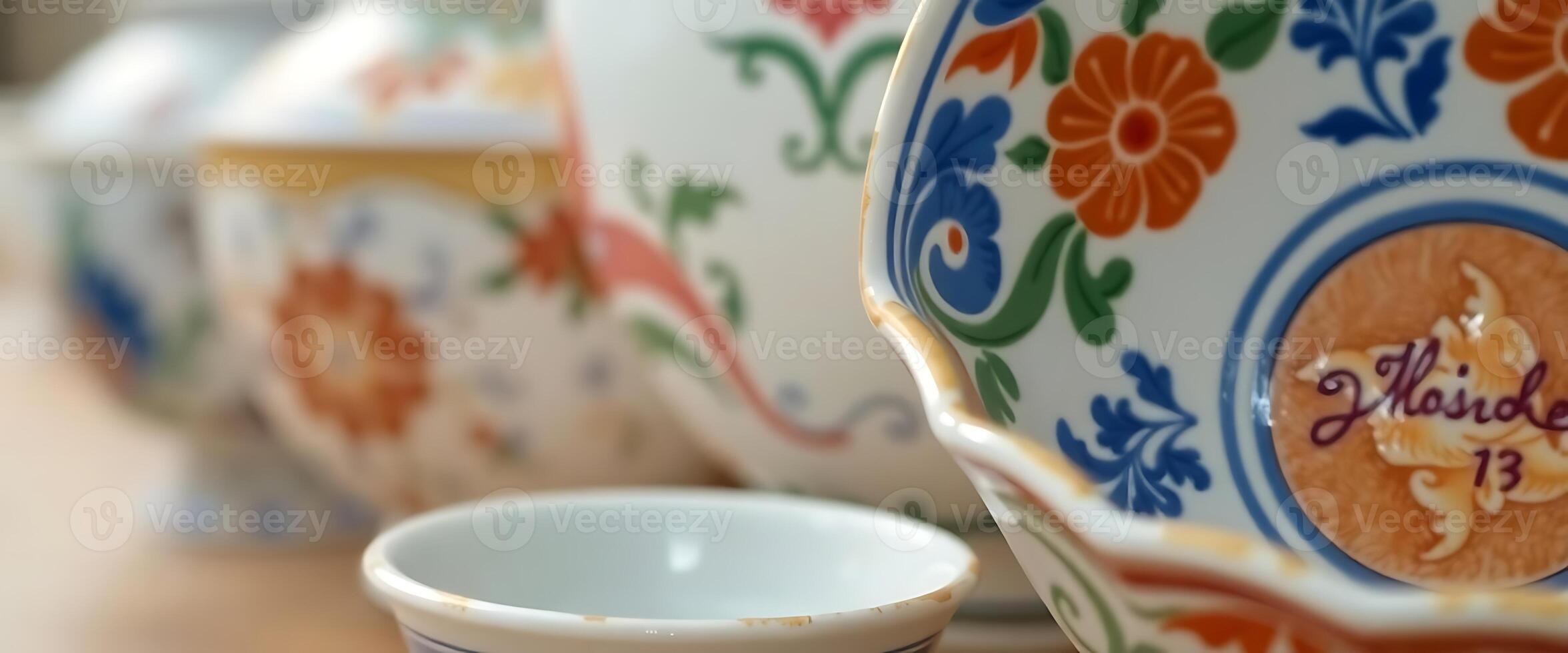 close up of a bowl and a cup on a table photo