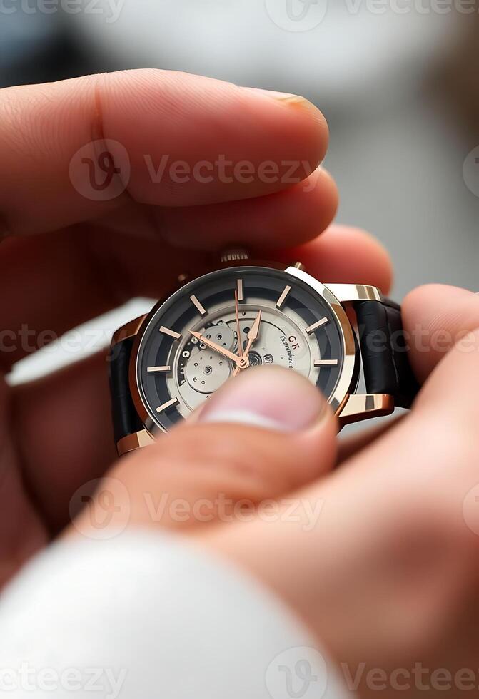 person holding a watch in their hand photo