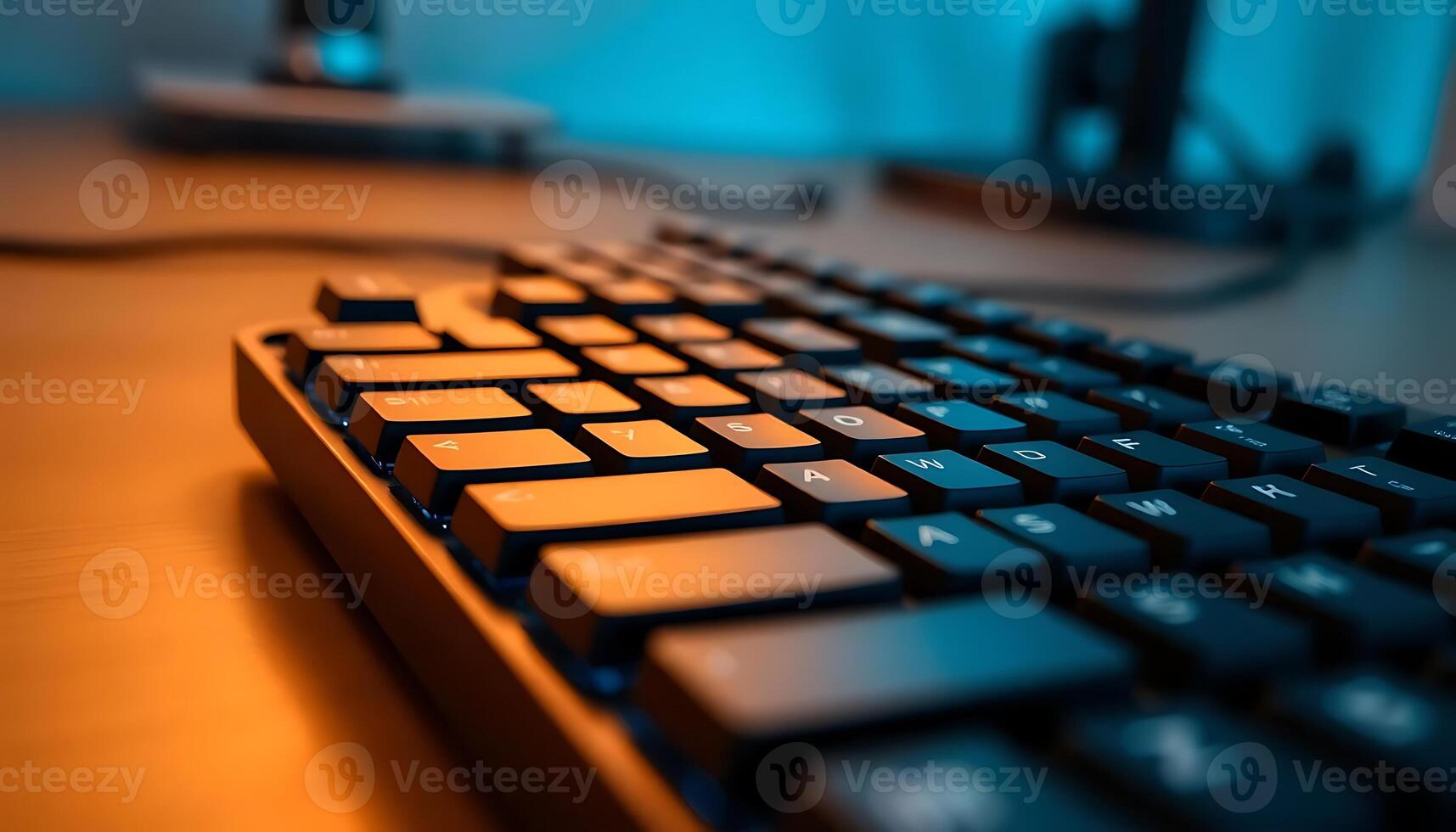 computer keyboard sitting on top of a wooden desk photo