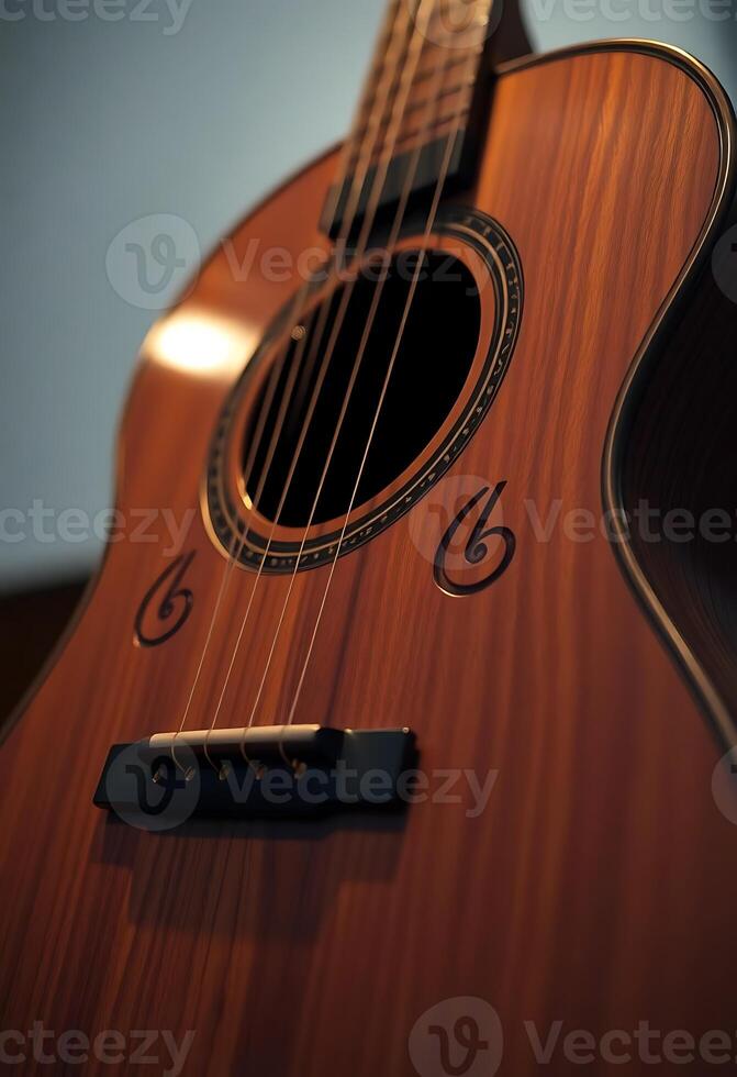 close up of a wooden guitar with a black fret photo