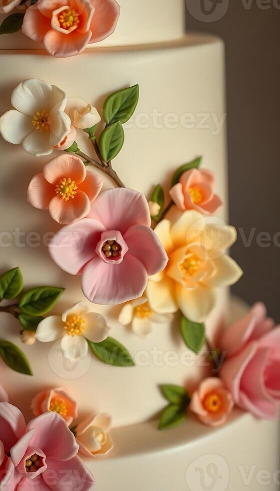 close up of a three tiered cake with flowers on it photo